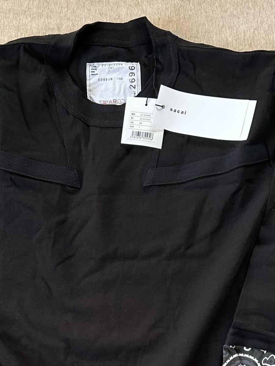 黒1新品 sacai サカイ メンズ 再構築 ペイズリー 切り替え ロング Tシャツ 長袖 22SS size 1 S 黒 スウェット ロンT ブラック_画像5