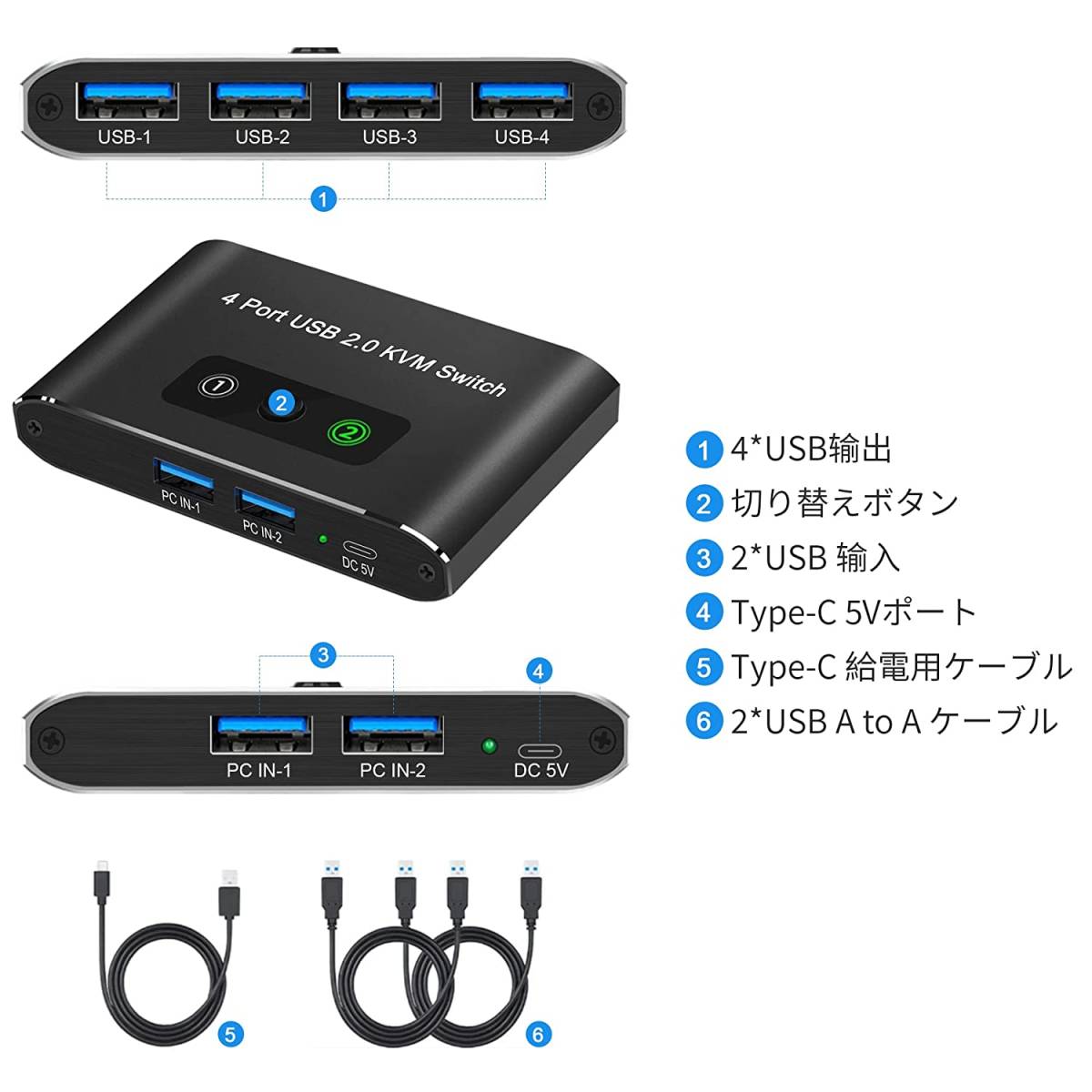 USB 切替器 usb切り替え器 USB2.0 切替器 PC2台用4USBポート