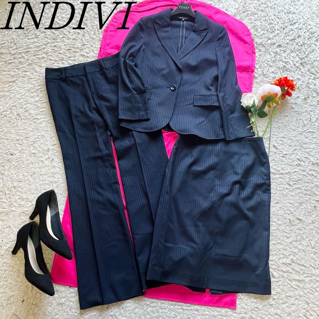【美品】INDIVI セットアップ ビジネススーツ 36 ネイビー ストライプ インディヴィ S シングルボタンジャケット パンツ 膝丈スカート 紺 Yahoo!フリマ（旧）