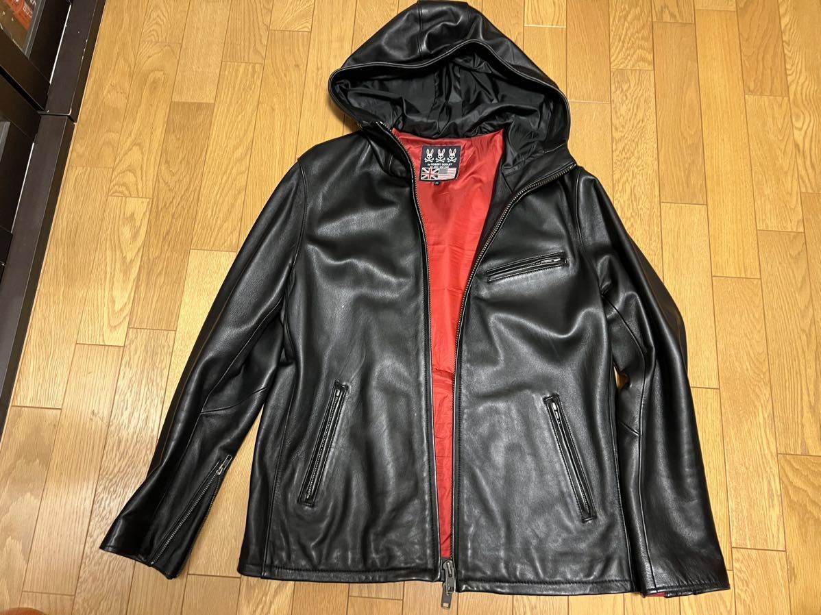 美品 Psycho Bunnyエンボスロゴ フーデットレザーブルゾンSサイズ 美品 Psycho Bunnyエンボスロゴ フーデットレザーブルゾンSサイズ