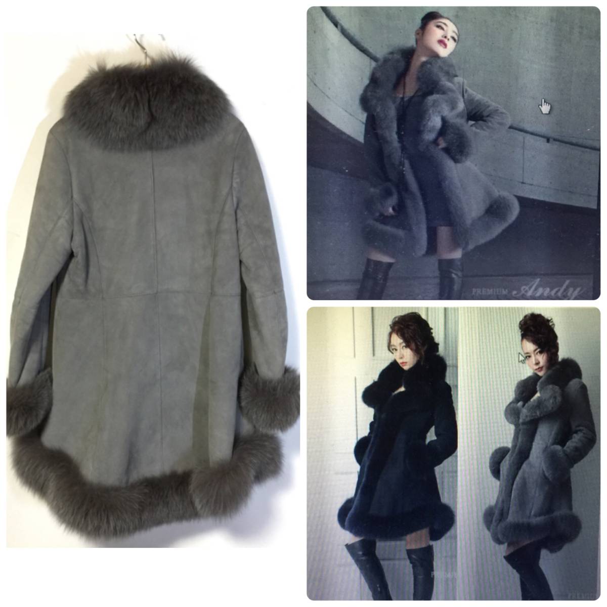 Andy mouton coat / fox fur trimming M/ gray / Anne ti Spain made Toscana lamb s gold 