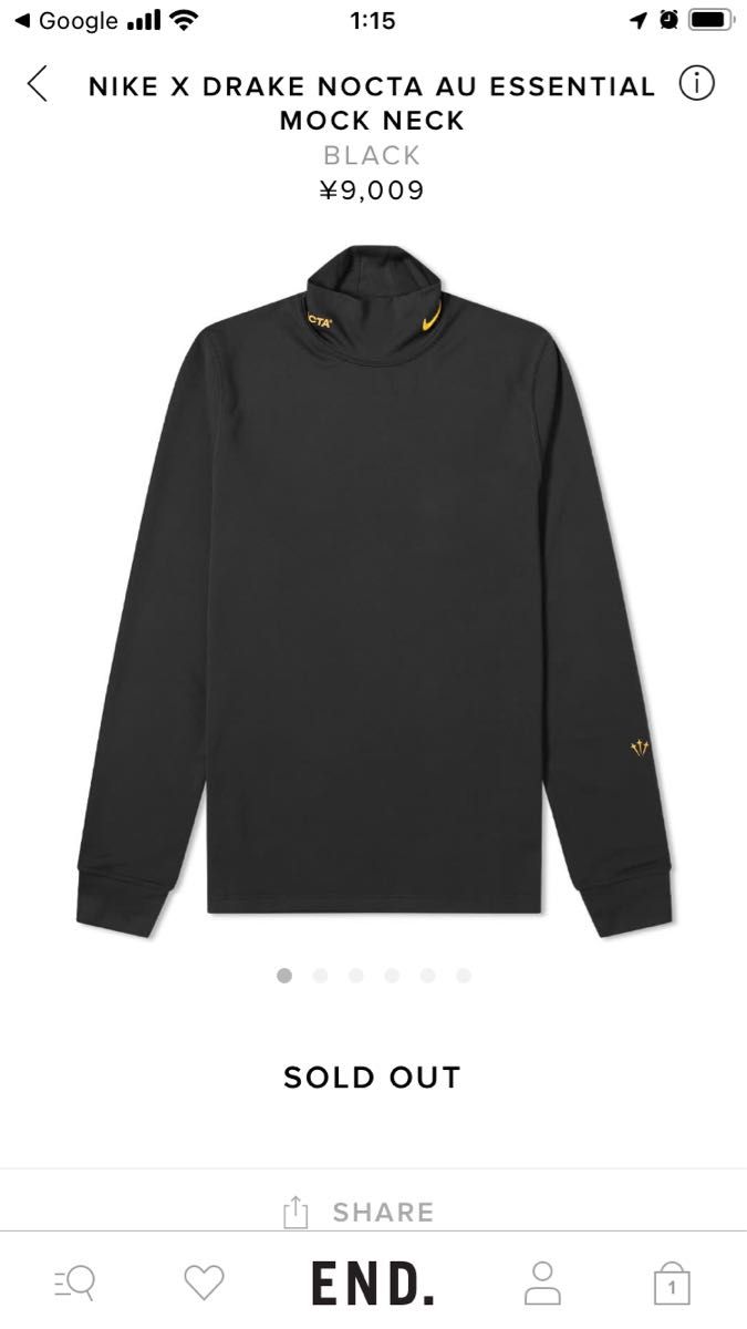 Lサイズ ナイキ × ノクタ タートル ネック ブラック ナイキゴルフ NIKE