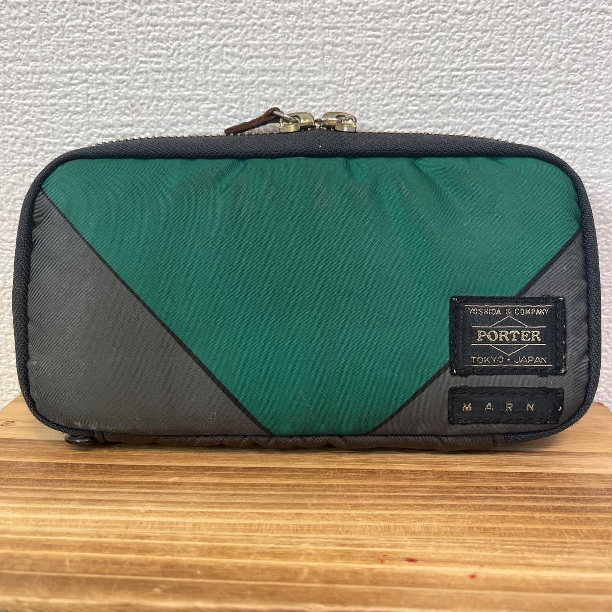 [ with translation postage 210 jpy ]PORTER × MARNI long wallet round Zip long wallet Porter green × gray × black Marni double name 