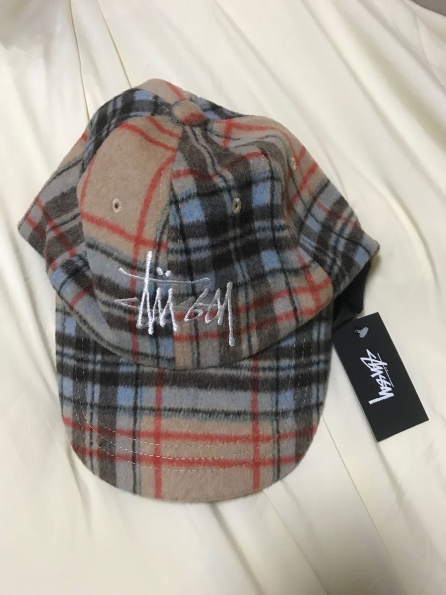 【未使用タグ付き】STUSSY Big Logo Plaid Low Pro Cap ストックロゴ キャップ CAMEL キャメル