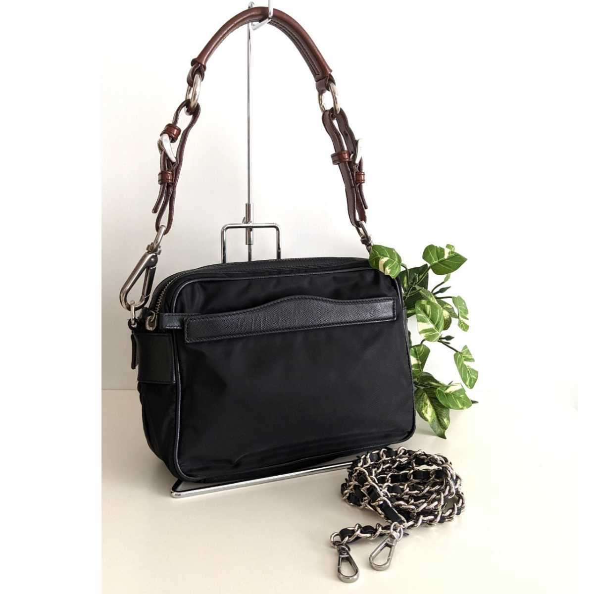 美品 PRADA 2way ナイロン レザー チェーン ショルダーバッグ ポシェット ポーチ 肩掛け 斜め掛け 鞄 ボディバッグ 黒 レディース メンズ