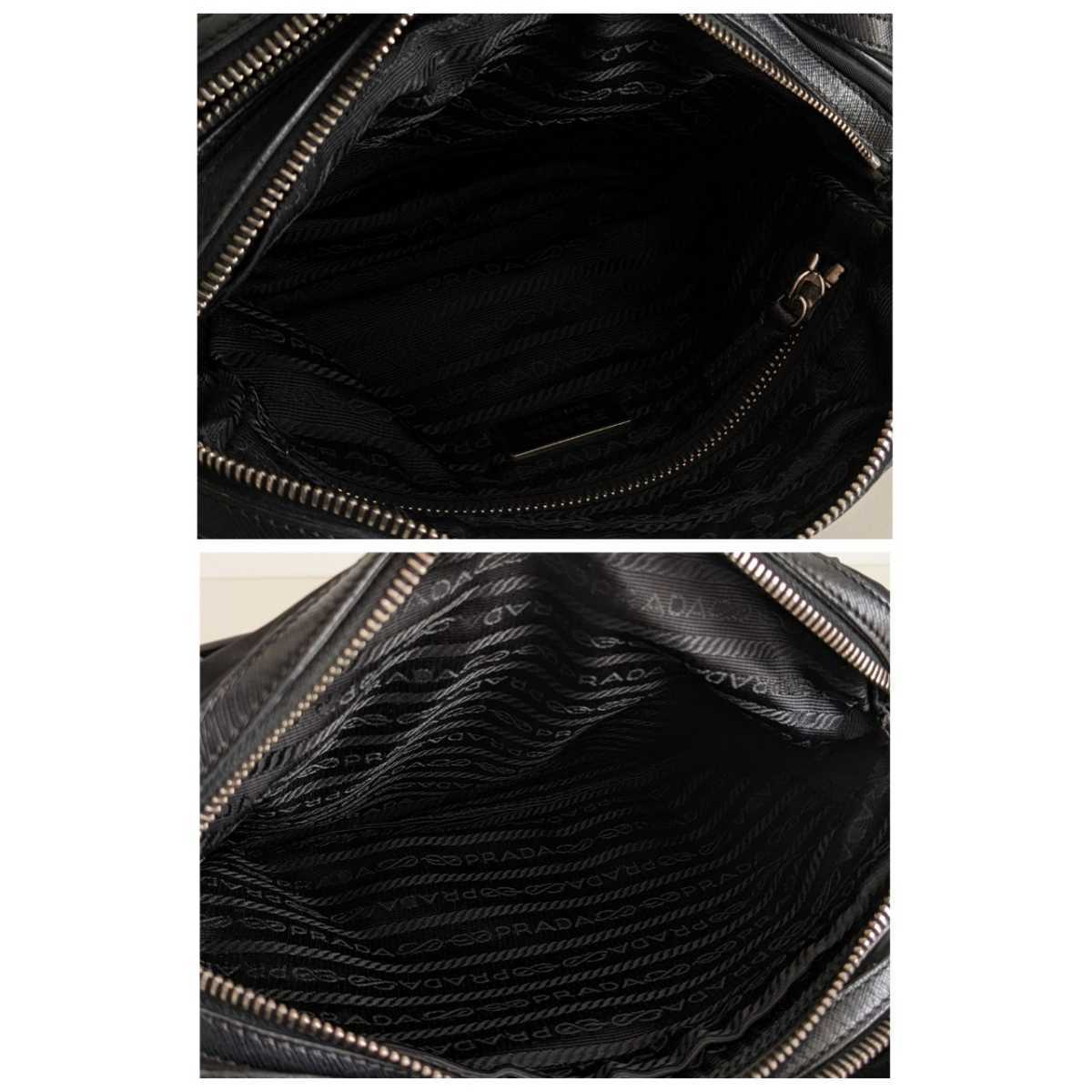 美品 PRADA 2way ナイロン レザー チェーン ショルダーバッグ ポシェット ポーチ 肩掛け 斜め掛け 鞄 ボディバッグ 黒 レディース メンズ