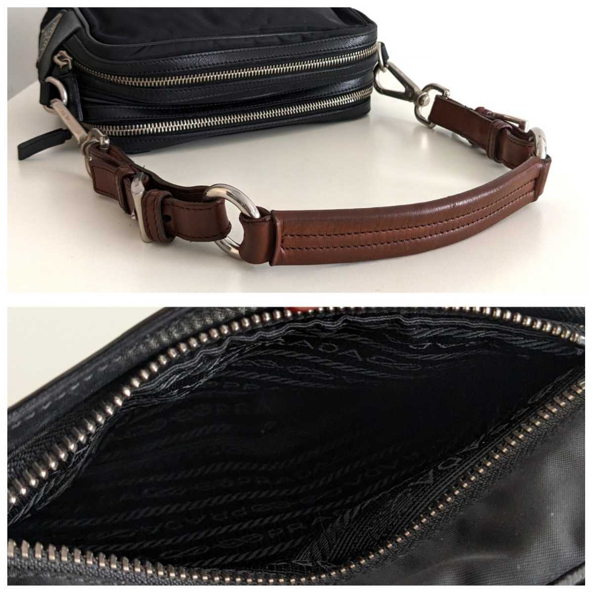 美品 PRADA 2way ナイロン レザー チェーン ショルダーバッグ ポシェット ポーチ 肩掛け 斜め掛け 鞄 ボディバッグ 黒 レディース メンズ