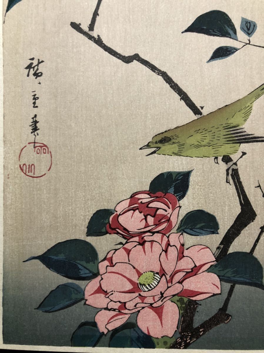 真作 木版画 歌川広重【椿に鶯】昭和期 摺優良 大江戸木版社 真作 木版画 歌川広重【椿に鶯】昭和期 摺優良 大江戸木版社