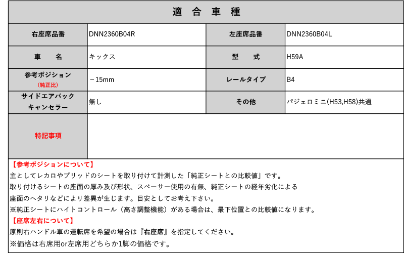 [スパルコ 底止めタイプ]H59A キックス用シートレール(4ポジション)[N SPORT製]