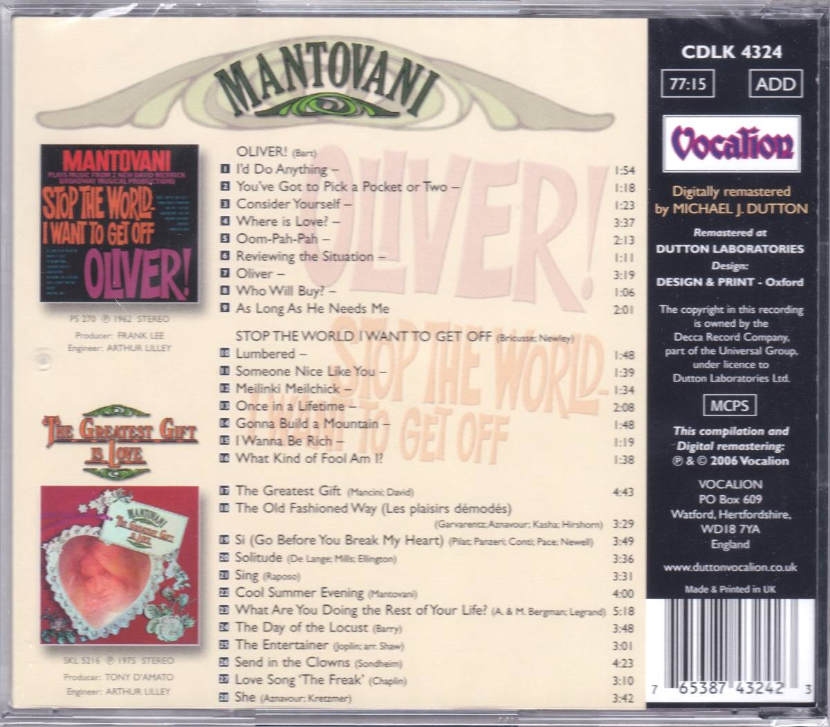 ☆MANTOVANI(マントヴァーニ)/Oliver!＆Stop The World I Want To Get Off『62年＆75年の名著イージーリスニング掲載の大名盤２in１』新品_画像2