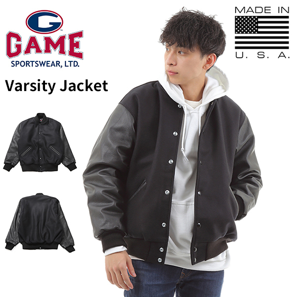 【サイズXL】 Game Sportswear ゲームスポーツウェア スタジアムジャケットブラック×ブラック Varsity Jacket アメリカ製 無地 スタジャン
