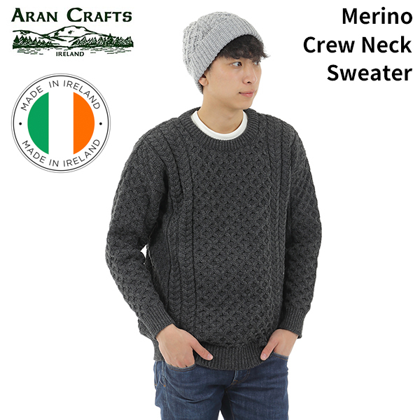 最高 Neck Crew Merino チャコール ウールニットセーター Crafts Aran アランクラフト 【サイズM】 Sweater アイルランド製 IRELAND IN MADE Mサイズ