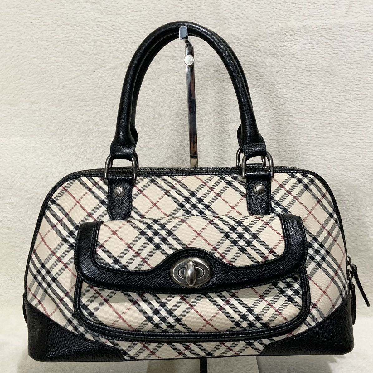 【美品】BURBERRY バーバリー ハンドバッグ ノバチェック ターンロック レディース キャンバス レザー ベージュ ブラック