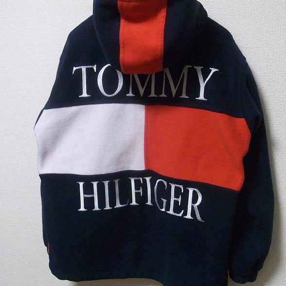 トミーヒルフィガーTommy hilfiger 90'ヴィンテージ バック ビッグロゴ フラッグ フリース パーカー フード ジャケット M _画像1