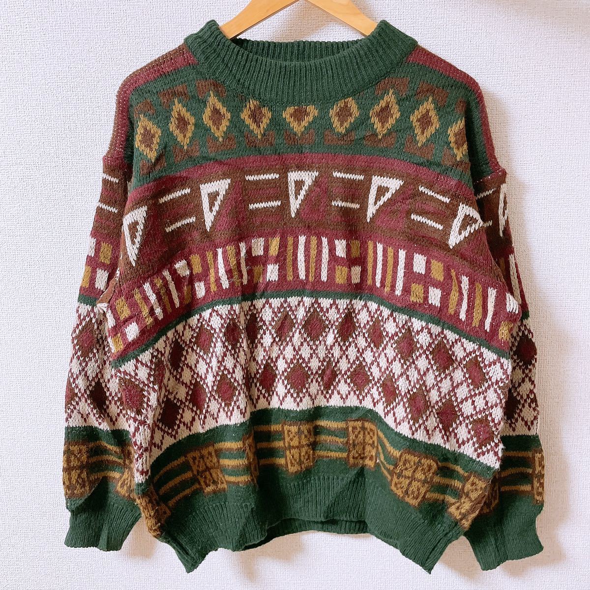 vintage ニット ヴィンテージニット 総柄 レトロ 一点もの L