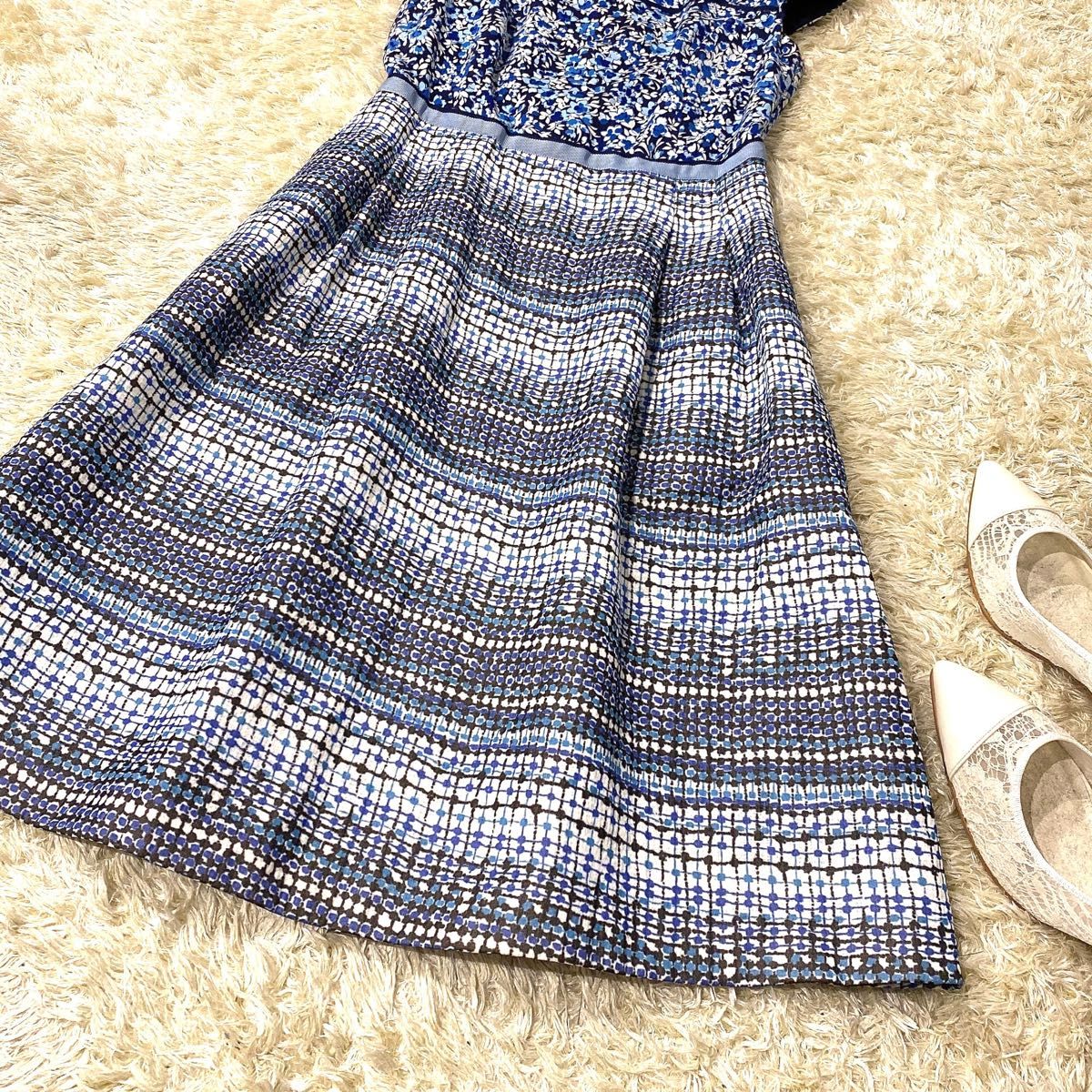 極美品】トッカ 花柄ドッキングワンピース ウエストマーク Aライン