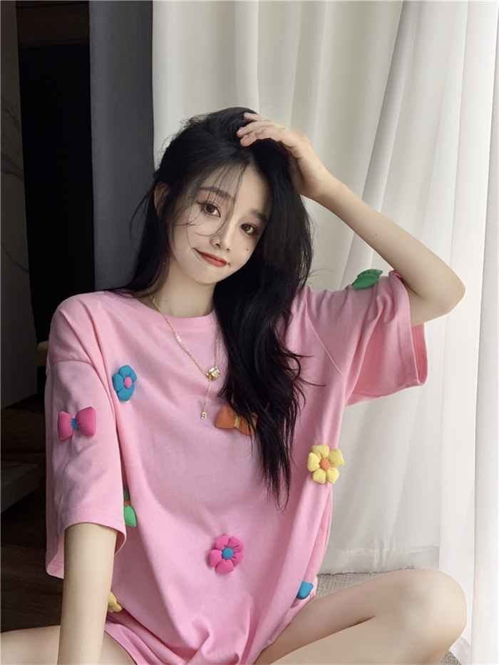 半袖Tシャツ 大きいサイズ 花 2XL ゆったり感 ロング丈Tシャツ 韓国ファッション ピンク リボン かわいい シャツ、ブラウス 