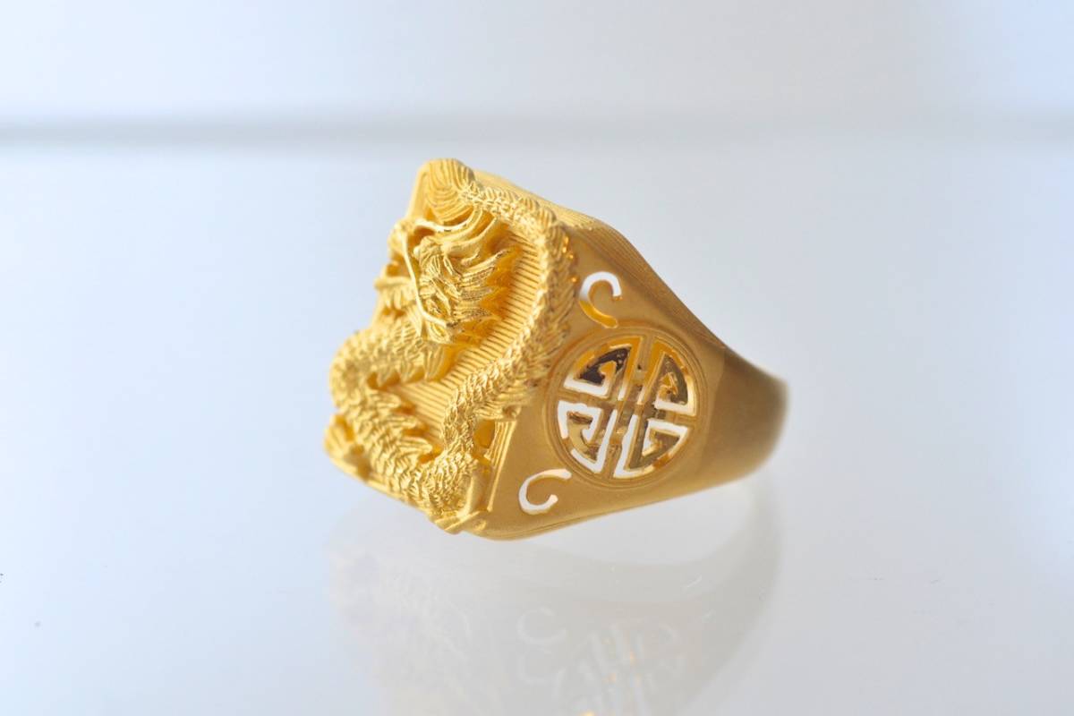 [ unused goods ] Prima Gold *K24* original gold * ring * signet * Dragon * dragon * yellow gold * men's *#13