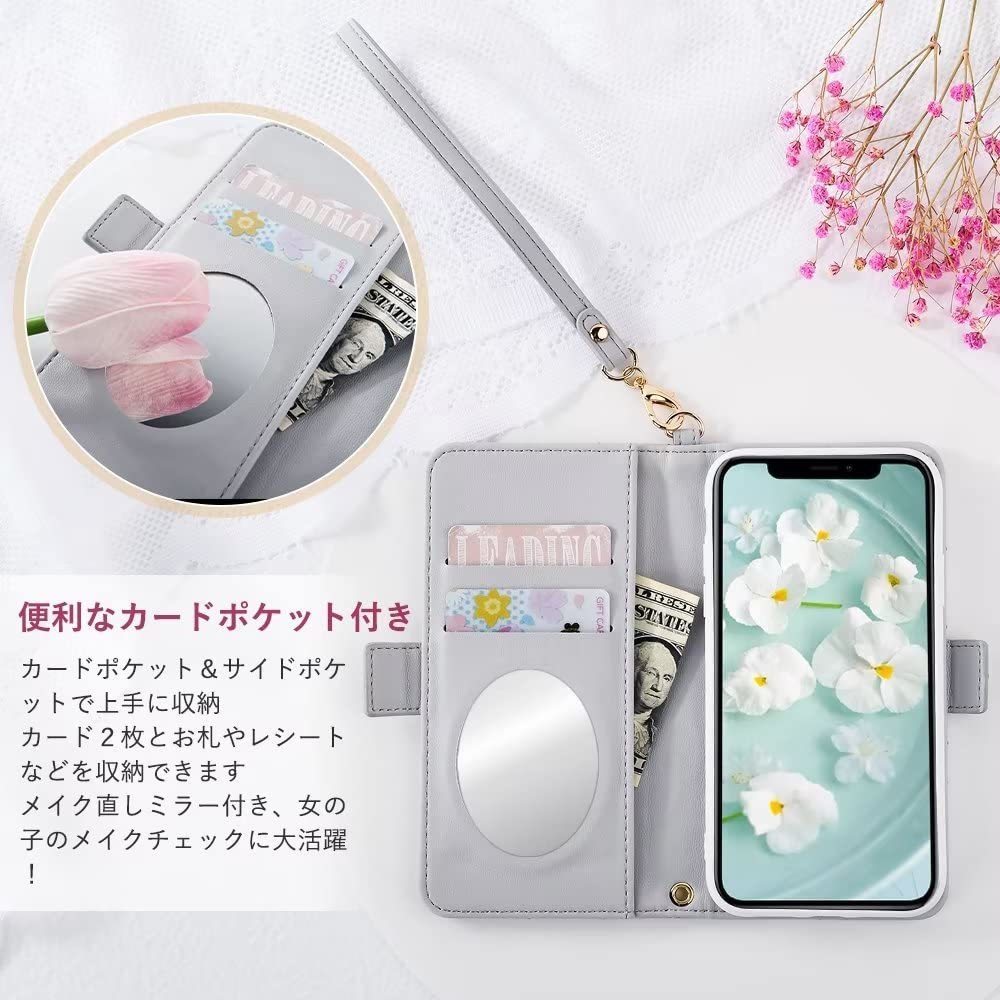 送料無料★iPhone14 ケース 手帳型かわいい スマホケース ツバキ（椿）刺繍 カード収納 花柄 鏡つき (グレー）_画像4