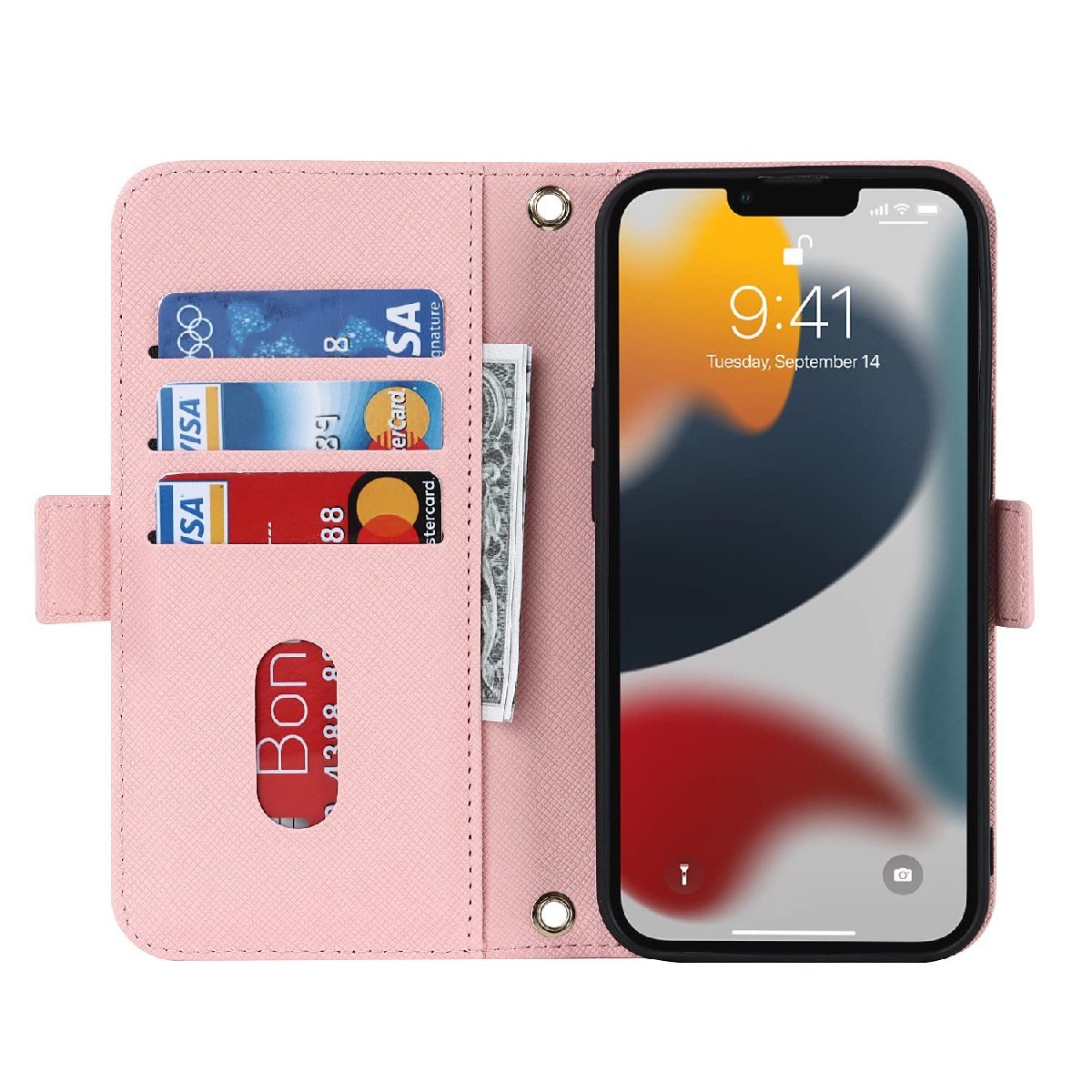送料無料★iPhone13 pro ケース 手帳型 ショルダー 鏡付き カード収納 (ピンク)_画像4