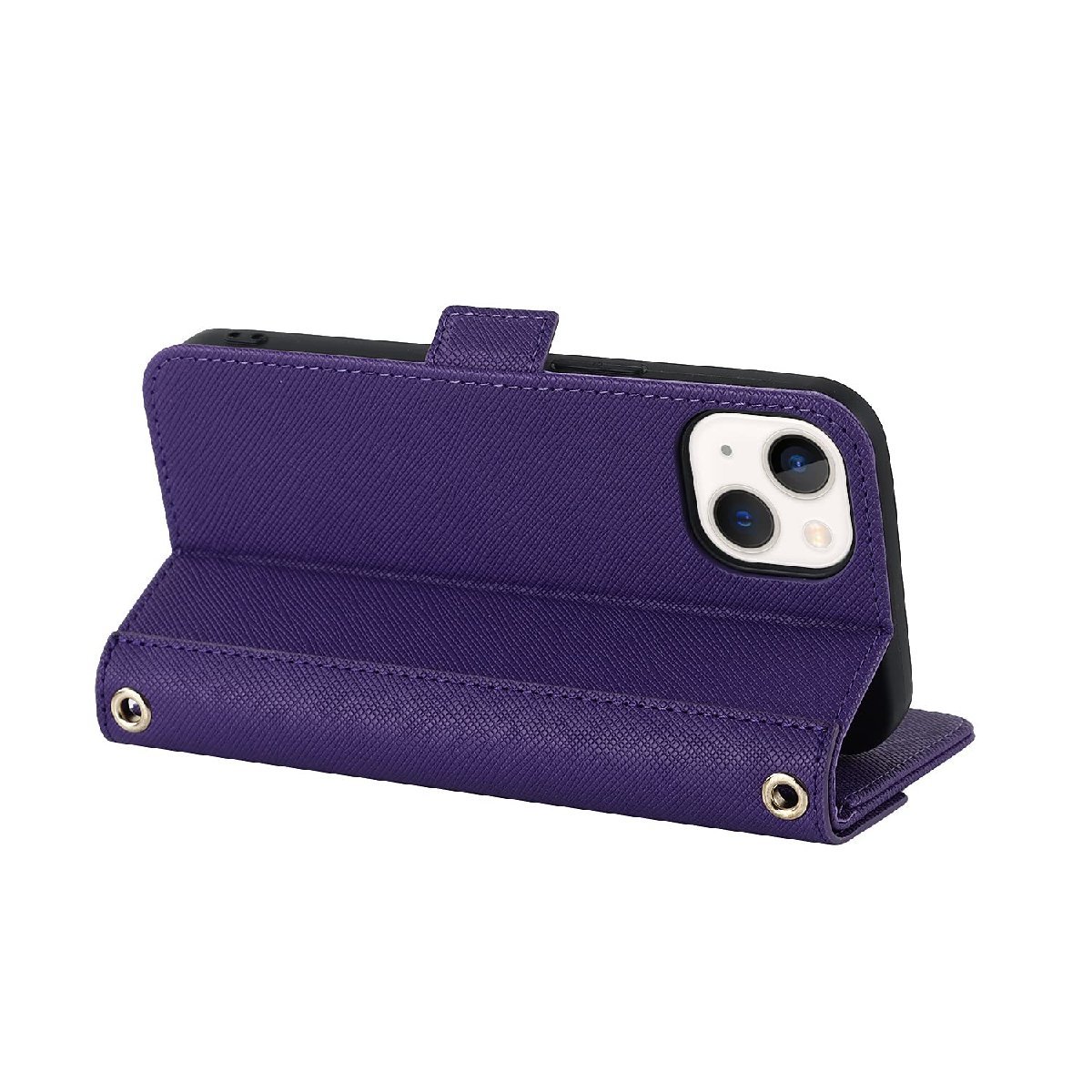 送料無料★iPhone 14 plus ケース 鏡 手帳型 カード収納 ショルダーケース ストラップ付き 耐衝撃 (紫)_画像4