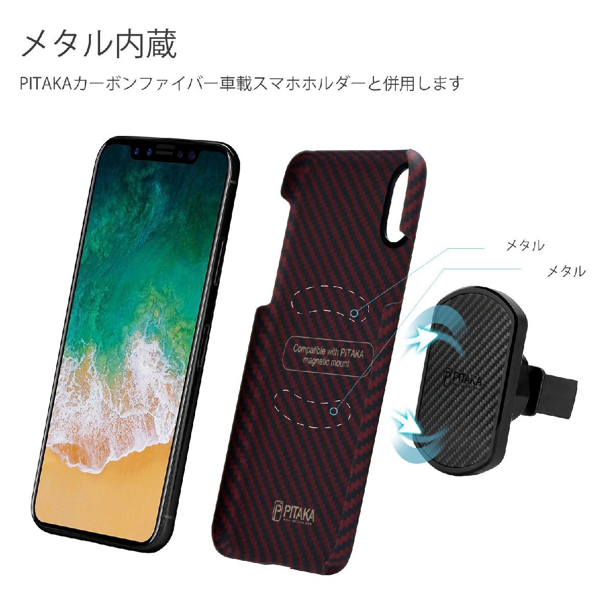 送料無料★ iPhone Xケース 軍用防弾チョッキ素材 超薄衝撃吸収 高耐久性 ワイヤレス充電対応 (黒/赤ツイル柄)_画像3