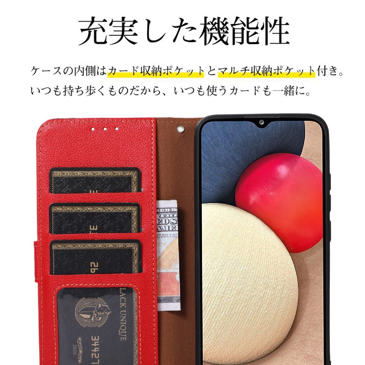 送料無料★Redmi Note 9T 5G ケース 手帳型 耐衝撃 ストラップ付き カード収納 スタンド機能 (レッド)_画像2