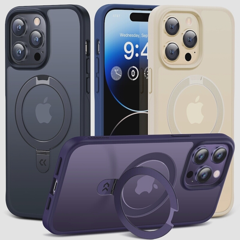 送料無料★CASEKOO iPhone14ProMaxケース 隠し収納式 半透明 マット仕上げ ワイヤレス充電（マットブラック）