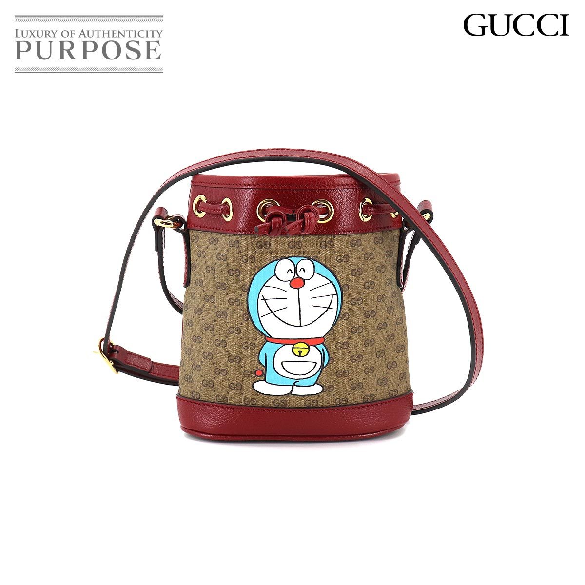 未使用 展示品 グッチ GUCCI ドラえもん ミニ GGスプリーム ミニ バケットバッグ ショルダー バッグ ブラウン チェリーレッド 90181963