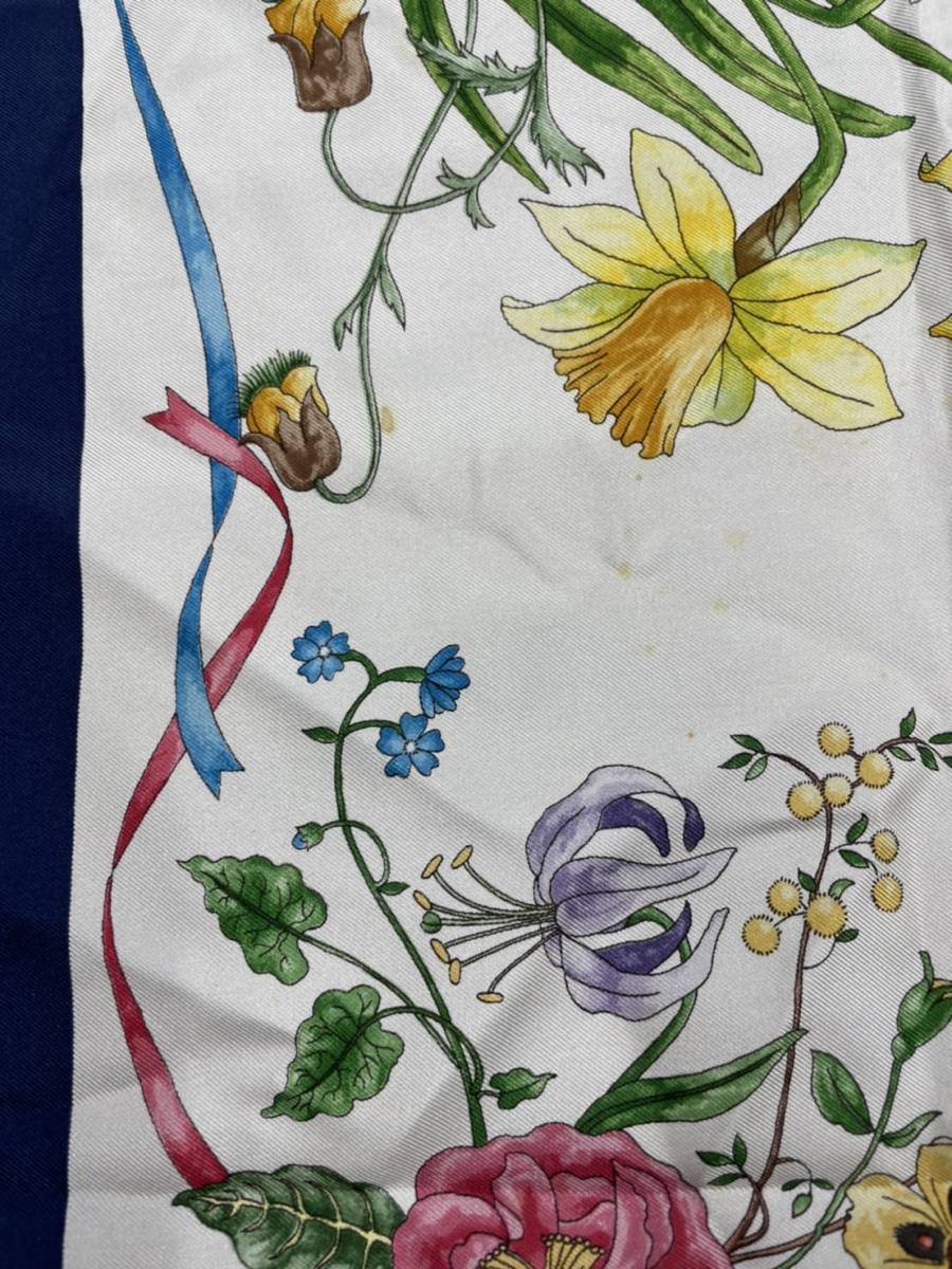 GUCCI グッチ 大判スカーフ ストール 花柄 ブルー縁