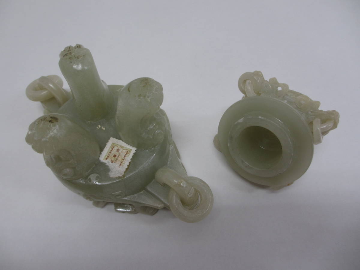 Z-76 翡翠風 彫刻置物 三足香炉 獅子蓋☆中国美術 工芸品 約621g☆高さ