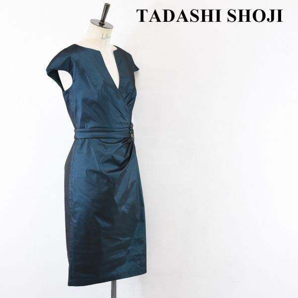 SL AB0045 高級 TADASHI SHOJI/タダシショージ タック プリーツ ロング ワンピース ドレス グリーン系 size0 光沢 ビジュー 金具