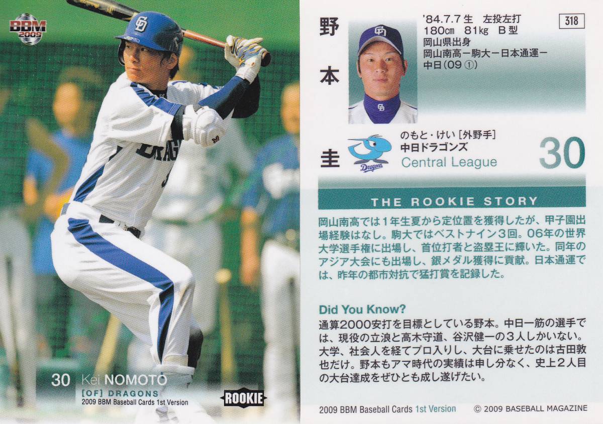 2009 BBM　1st　野本圭　【318】　ルーキーカード　※同梱可_画像1