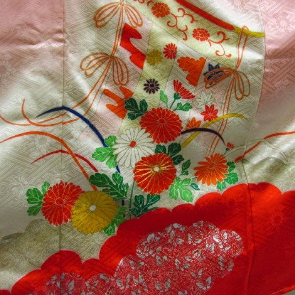 * kimono 10* 1 jpy silk child kimono The Seven-Five-Three Festival for girl 7 -years old for gold piece embroidery .. branch plum ..... ratio wing attaching . length 140cm.59cm [ including in a package possible ] **