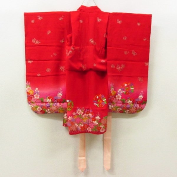 * kimono 10* 1 jpy silk child kimono The Seven-Five-Three Festival for girl 3 -years old for Hanamaru . Sakura Hagi plum . length 76cm.38cm [ including in a package possible ] **