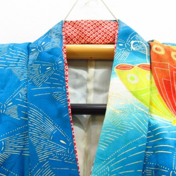 * kimono 10* 1 jpy silk child kimono for girl Junior for gold piece embroidery Mai butterfly ratio wing attaching . length 138cm.51.5cm [ including in a package possible ] **