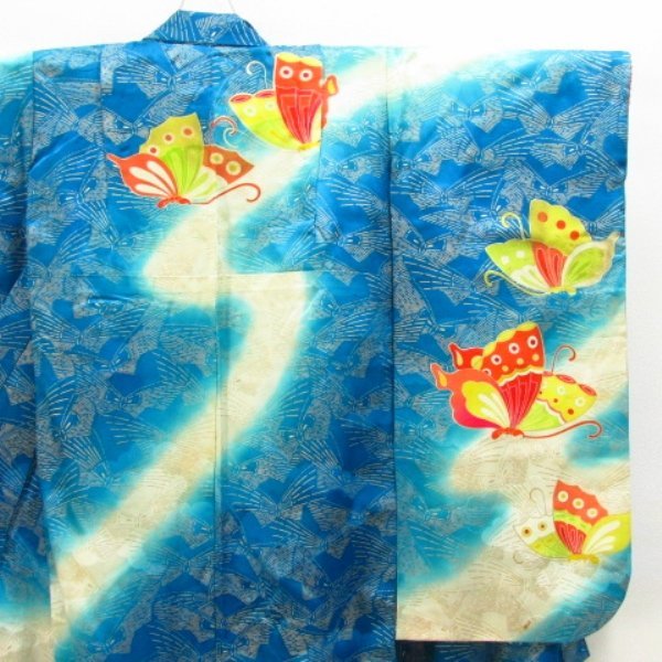 * kimono 10* 1 jpy silk child kimono for girl Junior for gold piece embroidery Mai butterfly ratio wing attaching . length 138cm.51.5cm [ including in a package possible ] **