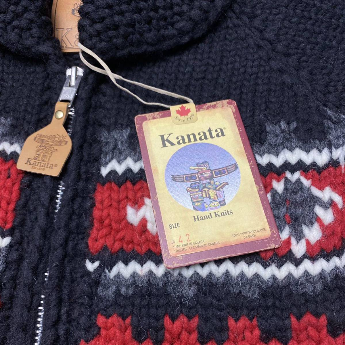 【新品】相場約5.2万円 カナタ KANATA カウチンセーターメンズ カナダ製 手編み ウール100% YKK製ジッパー 長袖 ノルディック柄 レッド XL