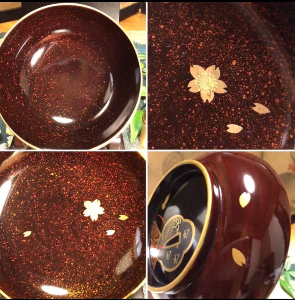 A371 木製輪島塗 木地塗 鍔に扇桜蒔絵 金縁 梨地 菓子椀 吸物椀 5客