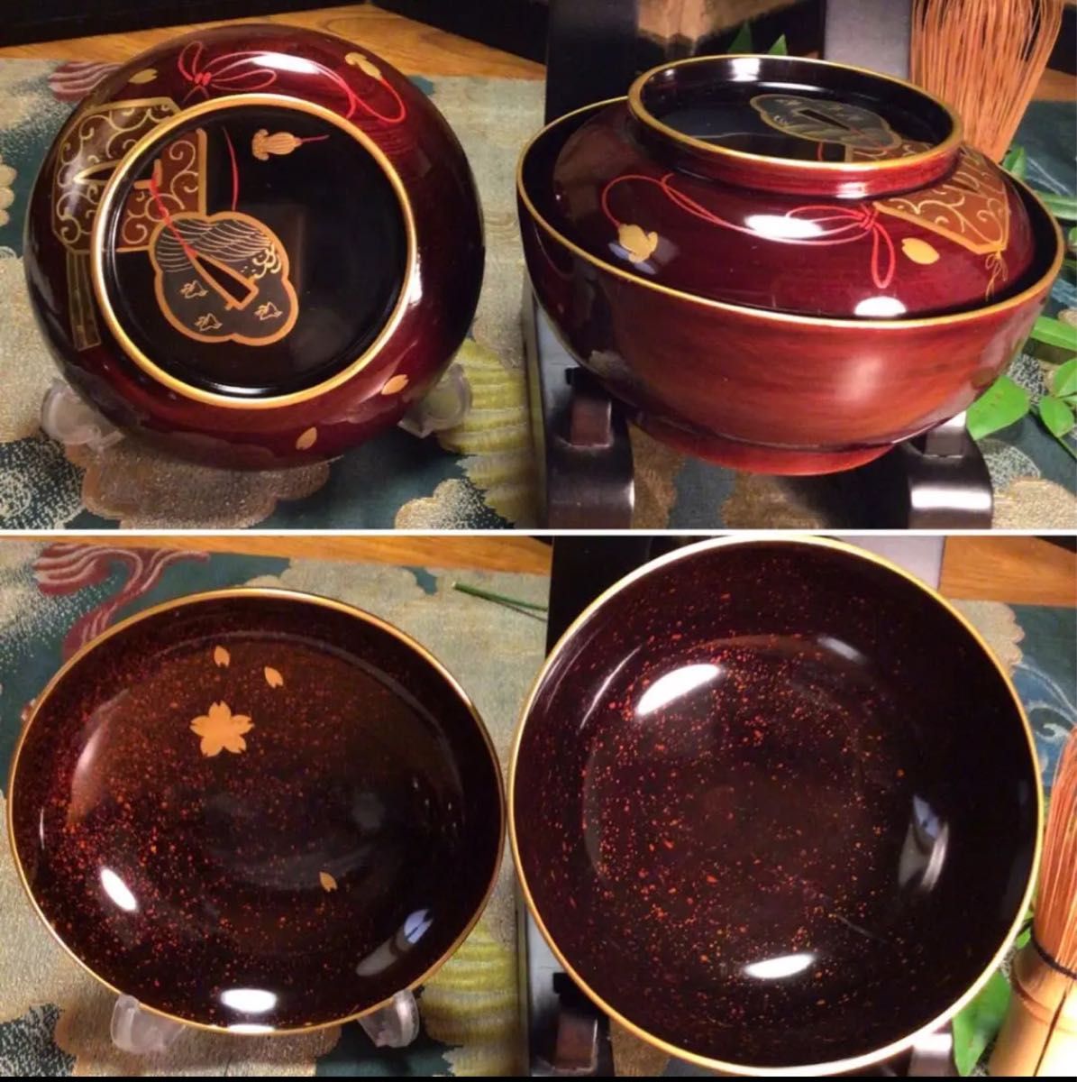A371 木製輪島塗 木地塗 鍔に扇桜蒔絵 金縁 梨地 菓子椀 吸物椀 5客