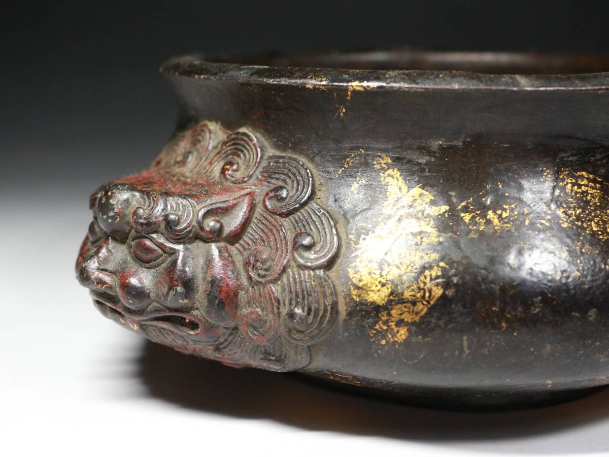 □中国古玩□古銅・鍍金・獅子双耳・圓足香炉・在印在銘・唐物・f511 