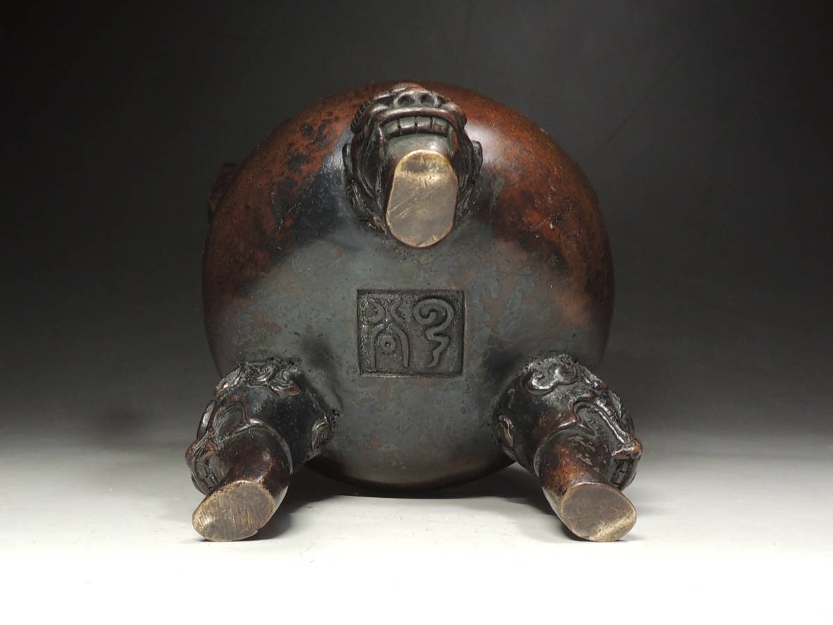 ■中国古玩■古銅・双耳・三足香炉・獅子摘・獣足・在印・在銘・唐物・f537_画像8