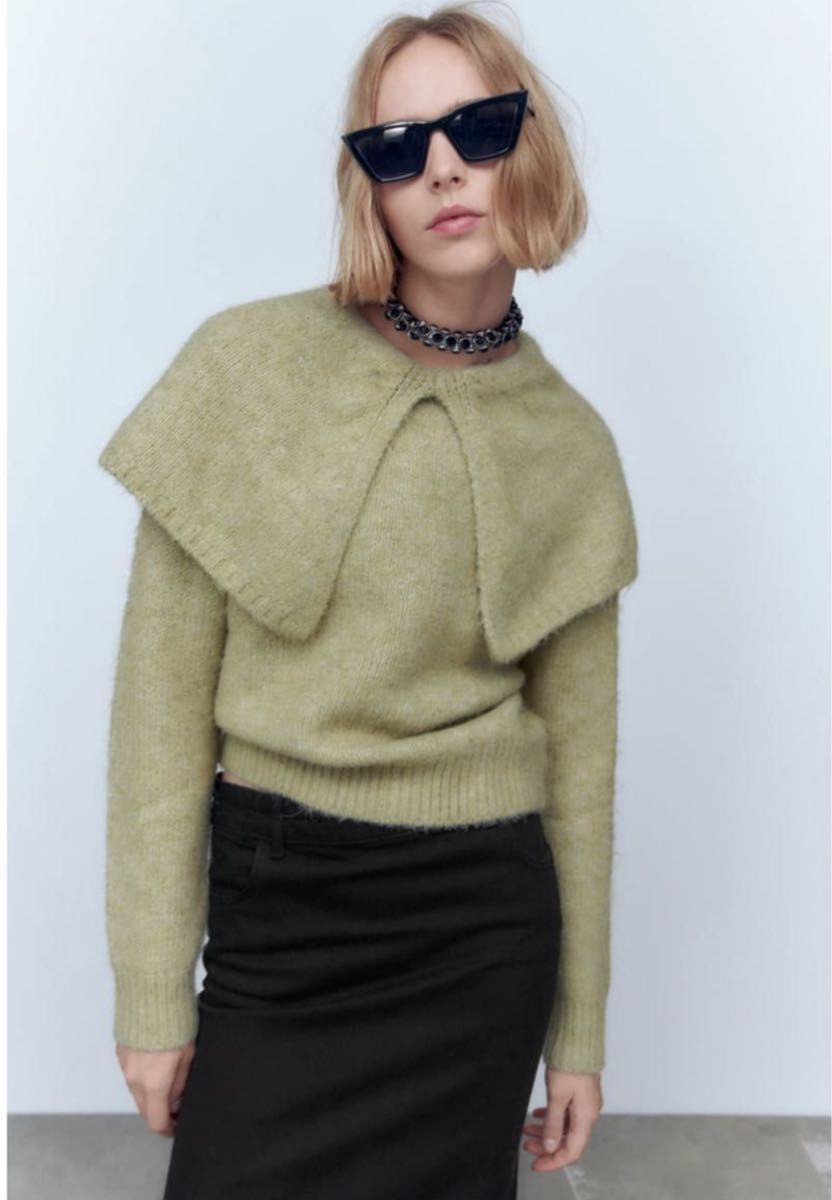 ZARA ニット セーター ワイド ラペル S ミディアムグリーン ZARA ニット セーター ワイド ラペル S ミディアムグリーン