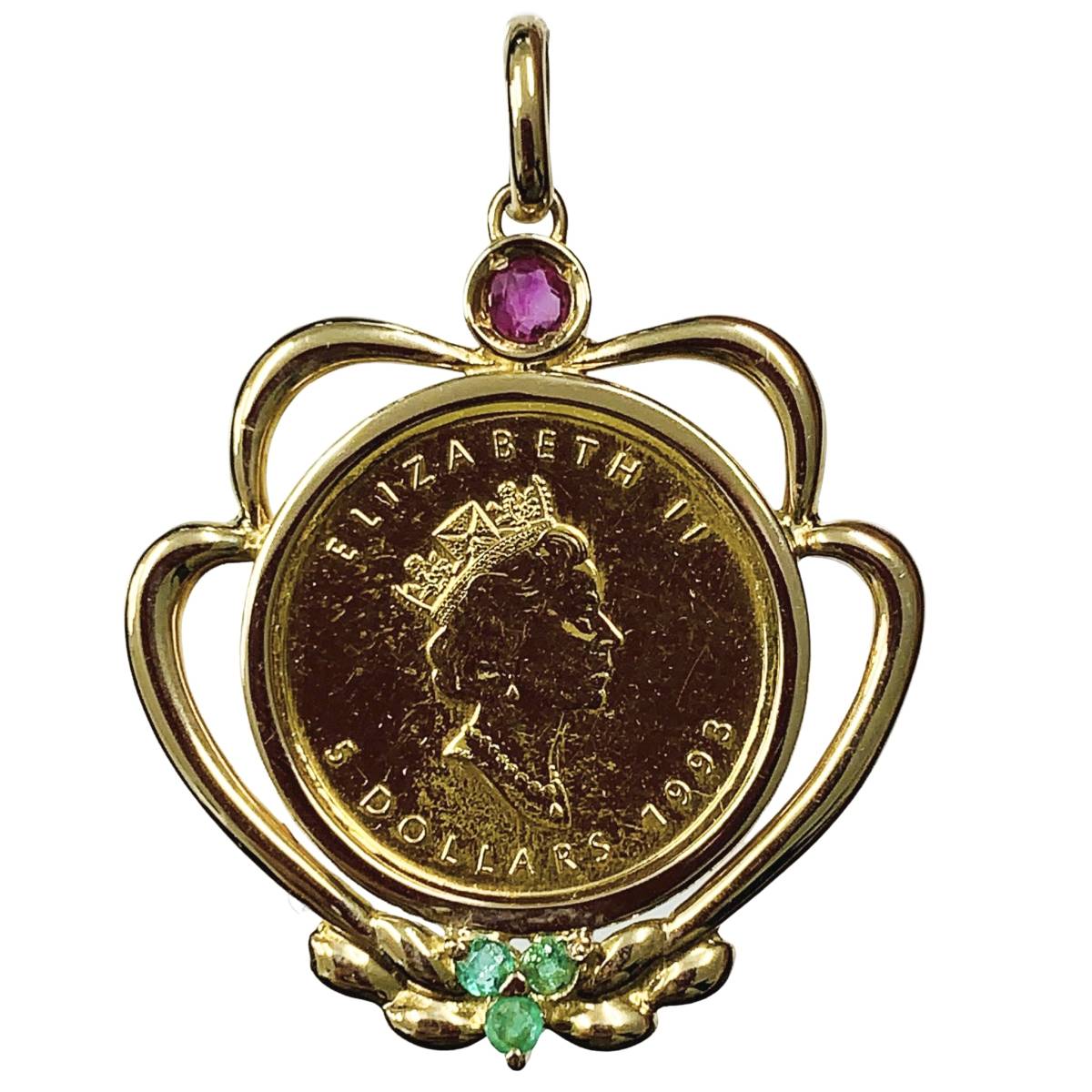 メープル金貨 カナダ エリザベス女王 1993年 K18/24 純金 5.8g 1/10オンス エメラルド ルビー コイン ペンダントトップ コレクション