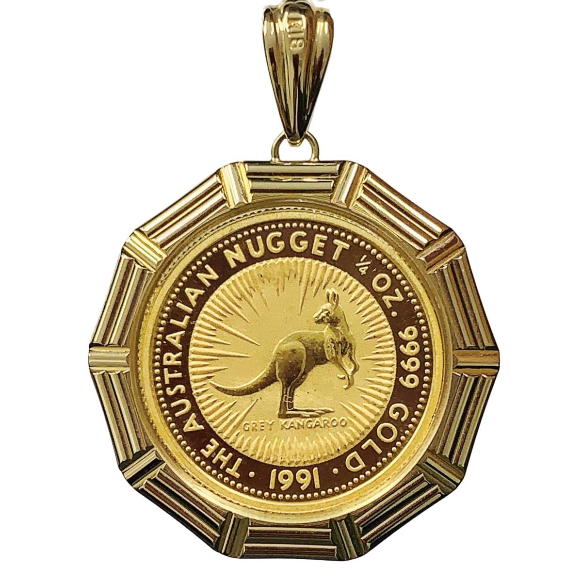 カンガルー ナゲット金貨 オーストラリア エリザベス女王 1991年 K18/24 純金 16.8g 1/4オンス ペンダントトップ 保護ガラス付き