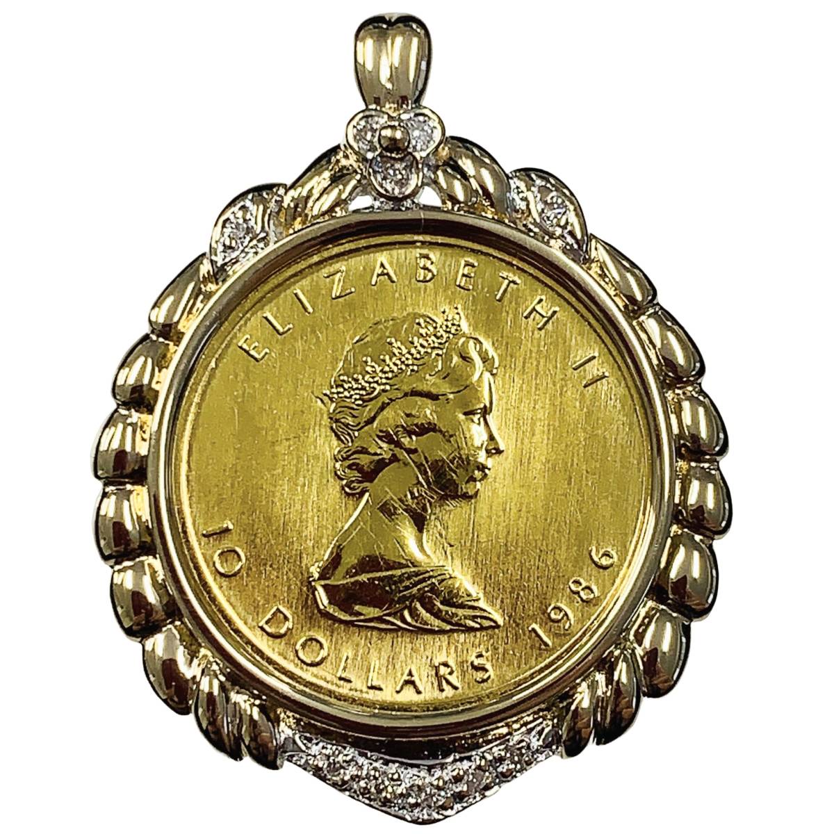 メープル金貨 カナダ エリザベス女王 1986年 K18/24 純金 11.4g 1/4オンス ダイヤモンド コイン ペンダントトップ コレクション 美品