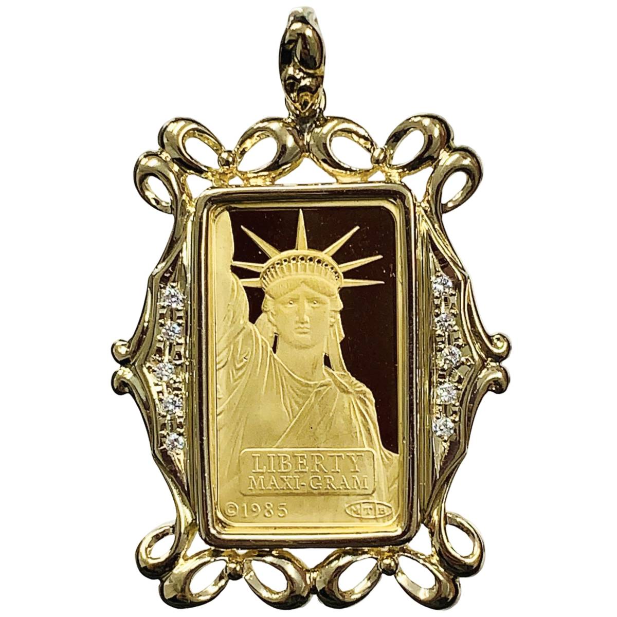 リバティ金貨 自由の女神 アメリカ 10.3g 1985年 K18/24 スイス 角型 デザイン枠 純金 ダイヤモンド 0.10 イエローゴールド コイントップ