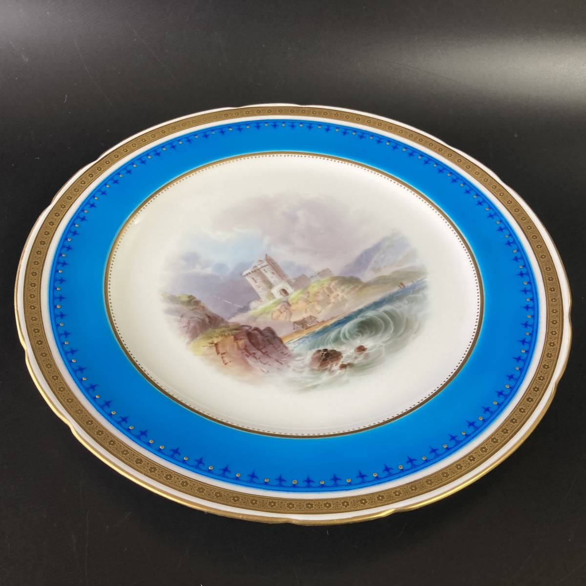 銘品】ミントン ターコイズブルー 古城風景絵図飾皿 エナメル七宝金彩