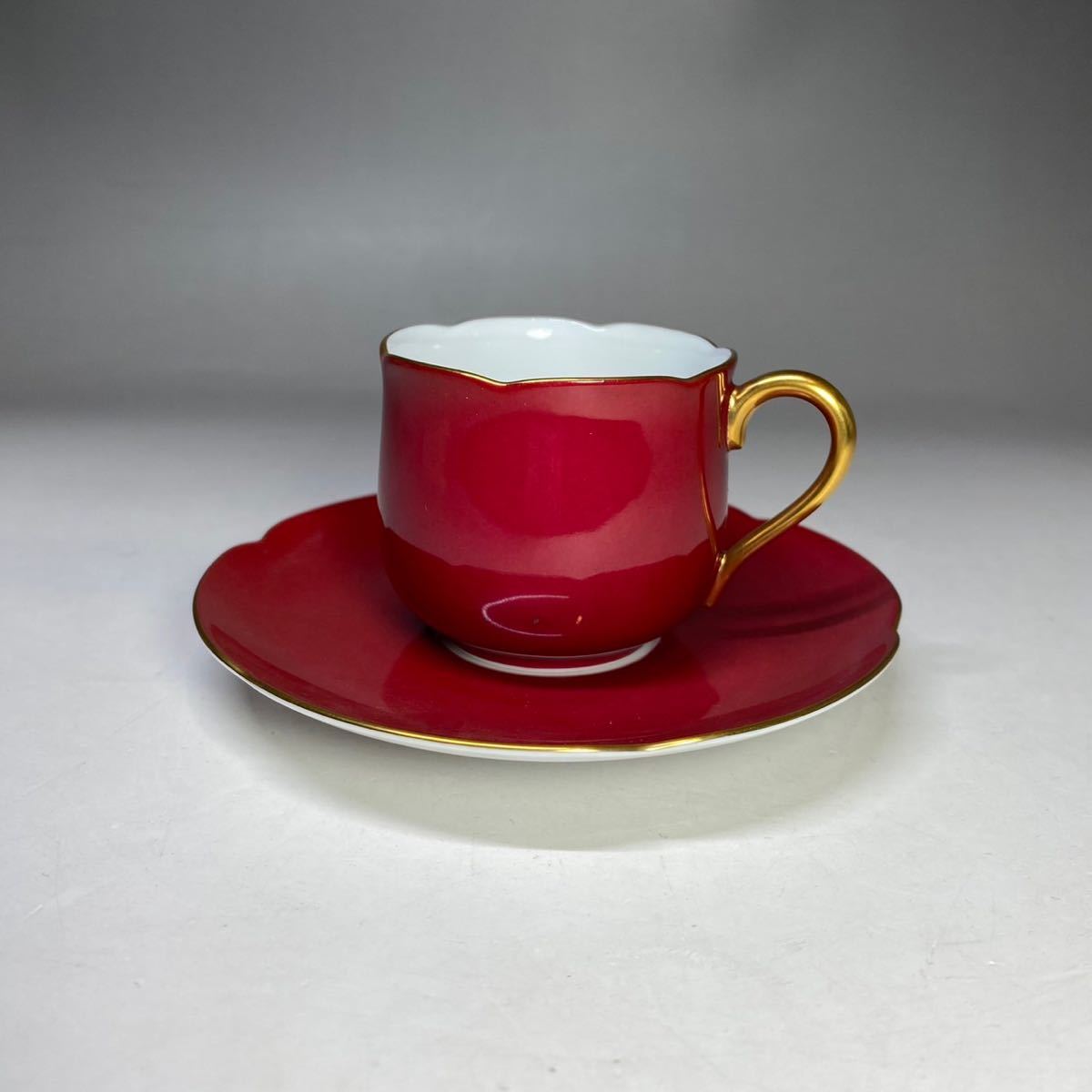 大倉陶園 OKURA チューリップ型 デミタスカップ ソーサー レッド 赤色 洋食器 金彩 陶磁器 古陶磁器 日本製 国産 コーヒーカップ