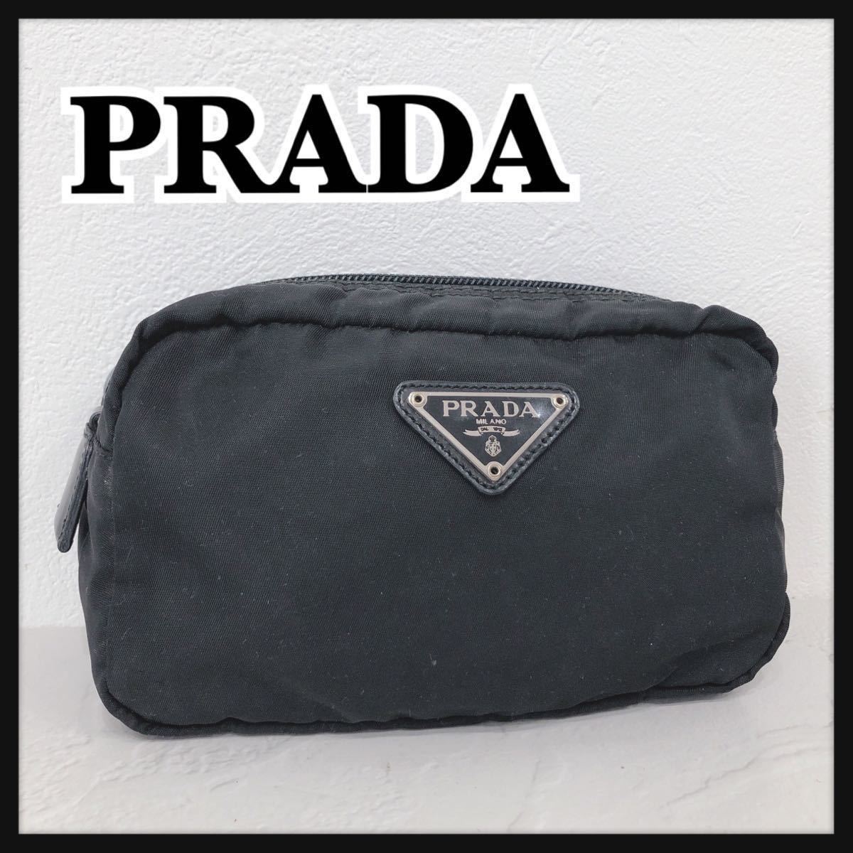 ☆PRADA☆ プラダ ナイロンポーチ 小物入れ プラダポーチ 化粧ポーチ ナイロン ブラック 黒 ナイロン 三角プレート レディース 送料無料